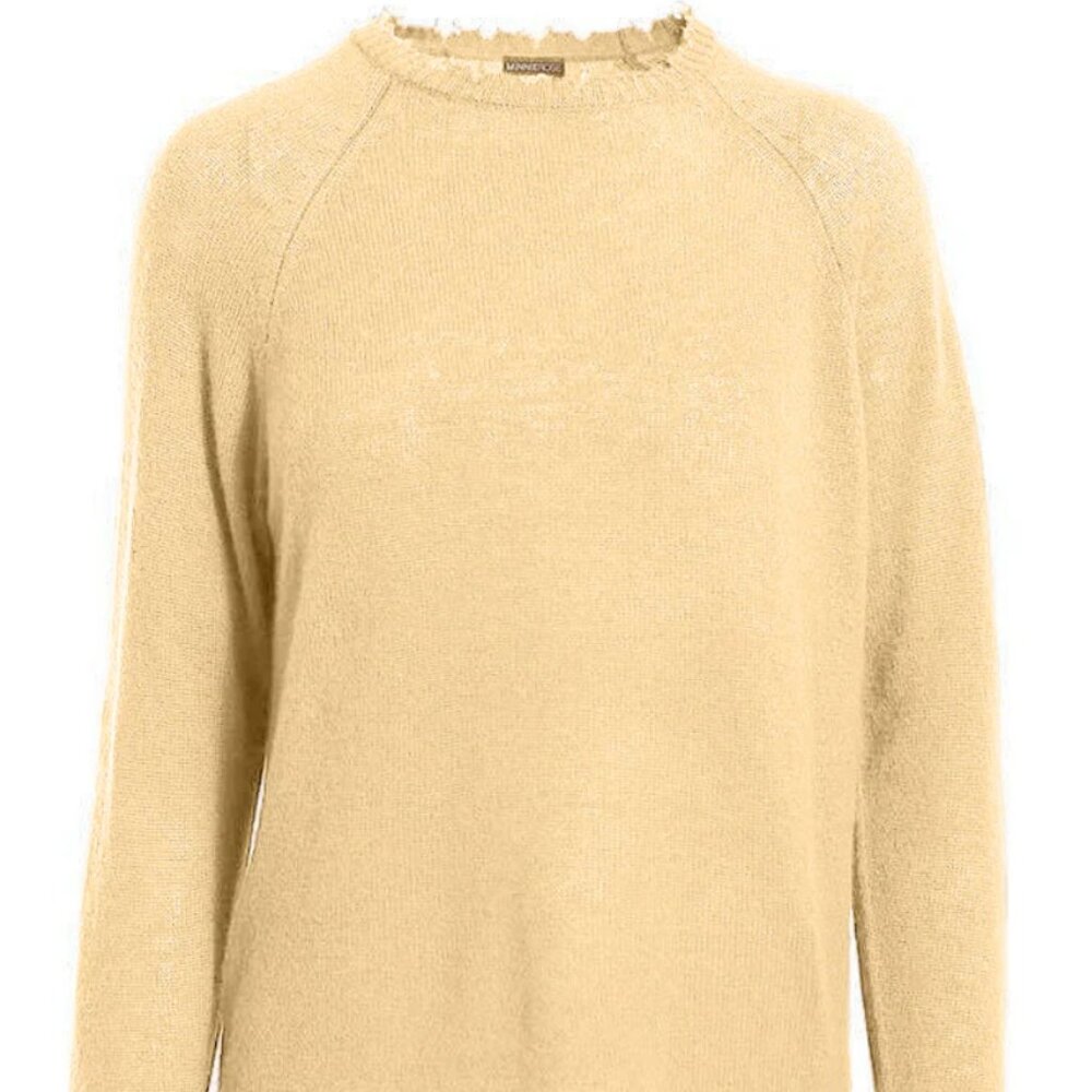 Minnie Rose NWT Banana Yellow Fine Cotton Cashmere Frayed Edge Crewneck Sweater